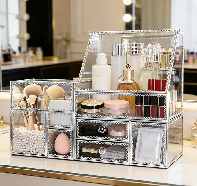 Tempered Glass Makeup Organizer with Heart Shaped Metal Frame, Large Cosmetic Storage Drawer Cabinet, Dustproof Vanity Display Case for Lipstick Makeup Brush Skincare Bathroom Bedroom
