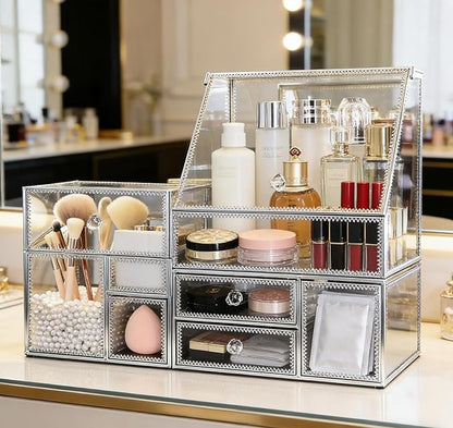 Tempered Glass Makeup Organizer with Heart Shaped Metal Frame, Large Cosmetic Storage Drawer Cabinet, Dustproof Vanity Display Case for Lipstick Makeup Brush Skincare Bathroom Bedroom