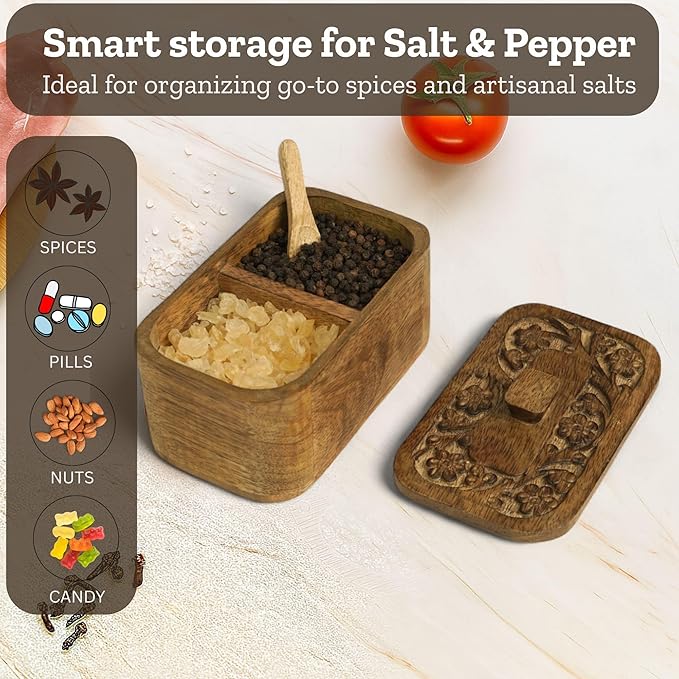 Mie Creations Duet Salt and Pepper Box Cellar with Hand Carved Lid & 2 Spoons, Rustic Wooden Pinch Bowls with 2 large Compartments | Wood Salt Storage Keeper, Spice Bowls for Kitchen Cooking