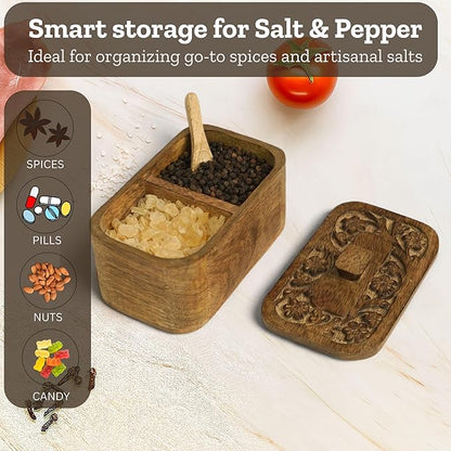 Mie Creations Duet Salt and Pepper Box Cellar with Hand Carved Lid & 2 Spoons, Rustic Wooden Pinch Bowls with 2 large Compartments | Wood Salt Storage Keeper, Spice Bowls for Kitchen Cooking