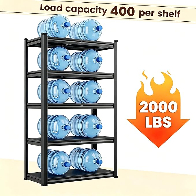 78" H Garage Shelving 2400LBS Capacity Heavy Duty Storage Shelves, Adjustable 5 Tier Metal Industrial Shelf for Kitchen, Utility Room, Warehouse and Basement,18" Dx36 Wx78 H, Black