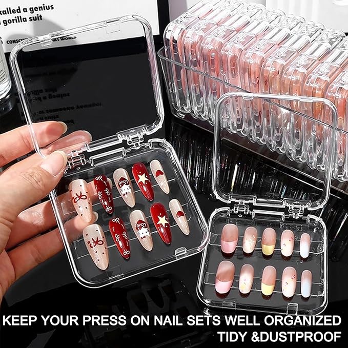 13 Pcs Clear Press On Nail Storage Box with Container, False Nail Case Organizer Press On Nail Packaging Box Nail Display Case with Double Sided Tape for Nail Art Home Salon Nail Business Supplies