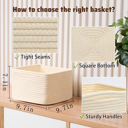 MiniArk Small Organizing Baskets for Cubes Shelf, 9.7x9.7x7.1 Inch Rope Woven Storage Bins for Nursery Shelves Storage, Cute Toy Basket, Square 3 Packs Beige