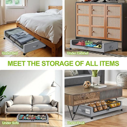 Molutsody Under Bed Storage with Wheels, 4-Pack Underbed Storage Containers with Clear Lids, Under Bed Shoe Storage Organizer, Rolling Under Bed Storage for Clothes Shoes Blankets (Grey)