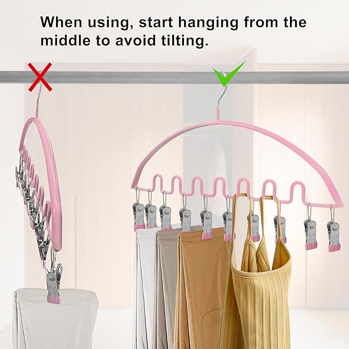 Legging Organizer for Closet,Metal Wave Design Pants Hanger with 10 Clips 7 Hooks, Closet Storage for Pants, Skirts, Hats (Pink, 2Pack)