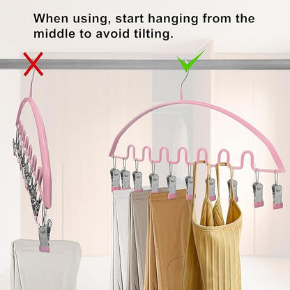 Legging Organizer for Closet,Metal Wave Design Pants Hanger with 10 Clips 7 Hooks, Closet Storage for Pants, Skirts, Hats (Pink, 2Pack)