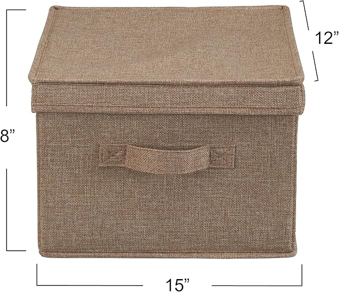 Household Essentials Large Fabric Storage Bins 2 Pack, Soft Poly Linen with Sturdy Sides, Attached Handle and Fully Removable Lid, Brown