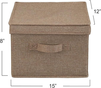 Household Essentials Large Fabric Storage Bins 2 Pack, Soft Poly Linen with Sturdy Sides, Attached Handle and Fully Removable Lid, Brown