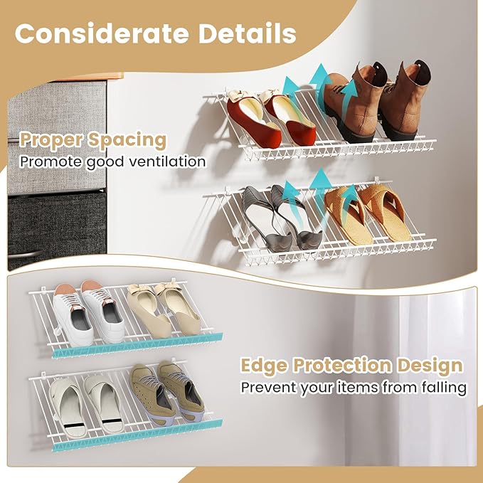 Giantex Wall Mounted Shoe Rack Set of 2, 24" Metal Wire Storage Shelf, Closet Storage Organizer Kit, Configurations Custom Shelving Unit for Entryway, Laundry Room, Bedroom, White