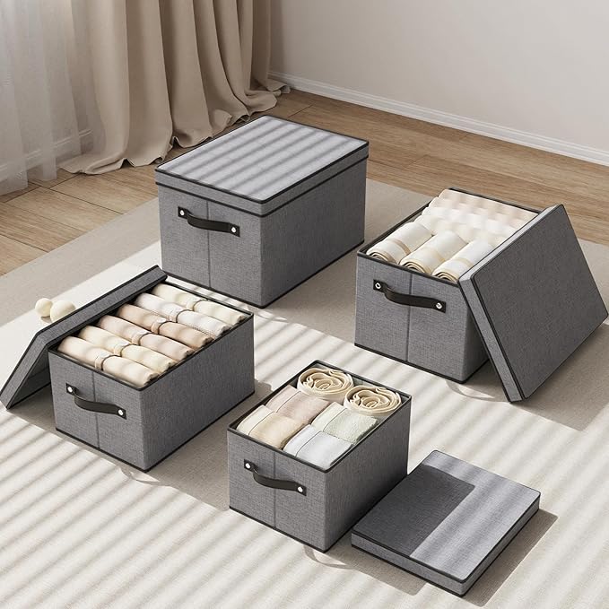 Storage Bins with Lids, 10.2×7.8×6.7 Inch Closet Organizers for Shoes Towels Books, Storage Boxes with Handles, Gray, 5-Pack