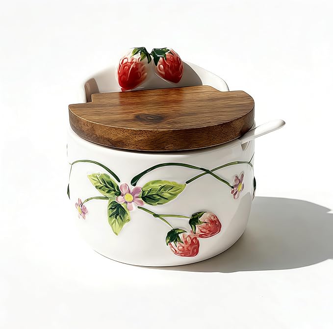 Salt Cellar, 13.5 oz Ceramic Salt Cellar with Lid and Spoon - Strawberry 3D Relief Design Seasoning Jar with Acacia Wood Lid, Suitable for Salt, Sugar, Pepper - Kitchen Countertop Storage Container