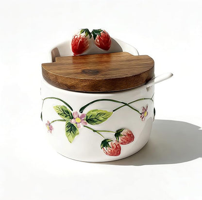 Salt Cellar, 13.5 oz Ceramic Salt Cellar with Lid and Spoon - Strawberry 3D Relief Design Seasoning Jar with Acacia Wood Lid, Suitable for Salt, Sugar, Pepper - Kitchen Countertop Storage Container