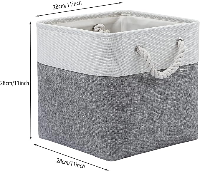 MidmmVick 11 x 11 Inch Cube Storage Bins, 6 Pack Large Collapsible Fabric Storage Bin with Ropes, Foldable Storage Cubes for Home, Office,Closet, Clothes, Toys Organizer (White & Grey-11"x11"x11")