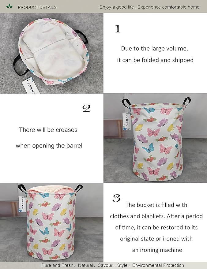 Round Waterproof Laundry Basket,Foldable Storage Basket,Laundry Hampers With Handle,Gift Basket,Suitable for Children's Room and Toy Storage (Butterfly)
