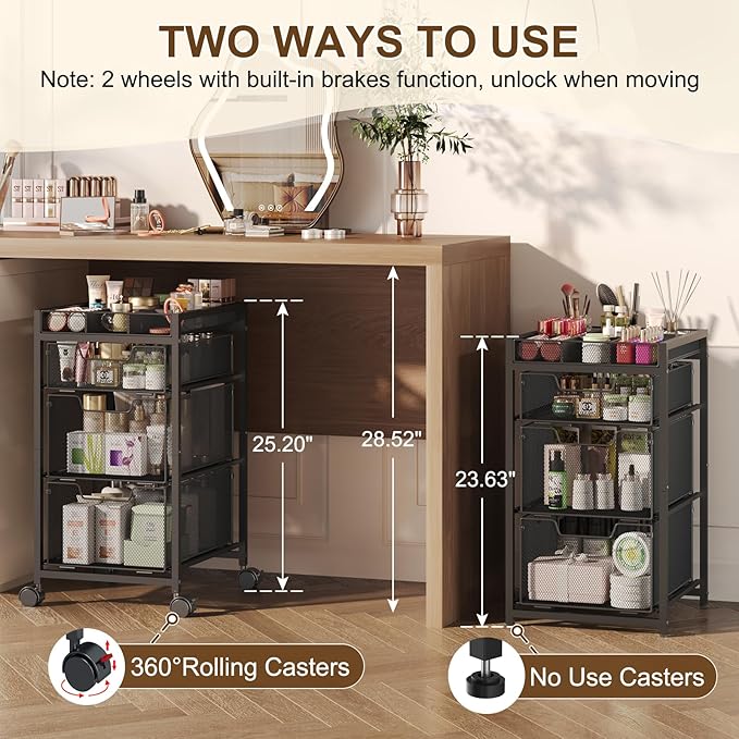 JKsmart Rolling Makeup Cart Organizer with 3 Drawers, Cosmetics Display with Dividers, Floor Skincare Storage with Wheels, Versatile Vanity Organizer for Nail Polish Perfume Brush Hair Tool, Black