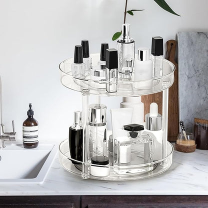 360° Rotating Makeup Organizer, Adjustable Spinning Cosmetic Carousel with Brush Holder and Perfume Tray - Large Capacity Clear Display Case for Vanity and Bathroom Countertop (Double-Deck)