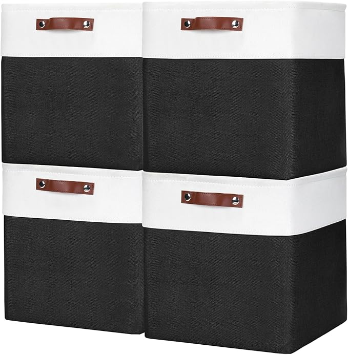 Bagnizer 13x13 Cube Storage Bins, Collapsible Fabric Storage Box, 4 Pack Closet Baskets with Handles for Organizing, Shelf, Toys, Clothes, Home, Office, Nursery (Black&White)