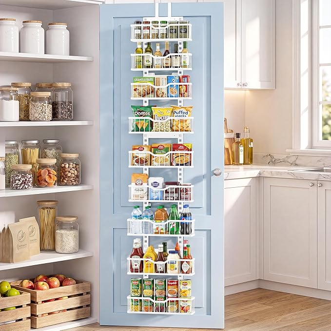 EVERIE Over the Door Pantry Organizer, 9-Tier Heavy Duty Door Storage Rack with Solid Bottom Baskets, Stable No-Bumping Design, Adjustable Hanging Shelves for Kitchen Pantry
