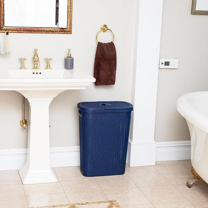 Mind Reader Slim Laundry Hamper with Lid, 40L Clothes Basket, Narrow Tapered Design with Ventilated Cutout Pattern, Plastic, Navy