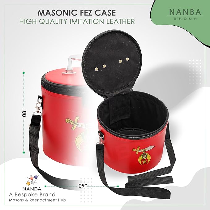 Machine Embroidered Shriner Fez Case – Deluxe Masonic Fez Cap Storage Box with Strap, Imitation Leather Gifts, Display Box for Masonic Fez Hats (Red)