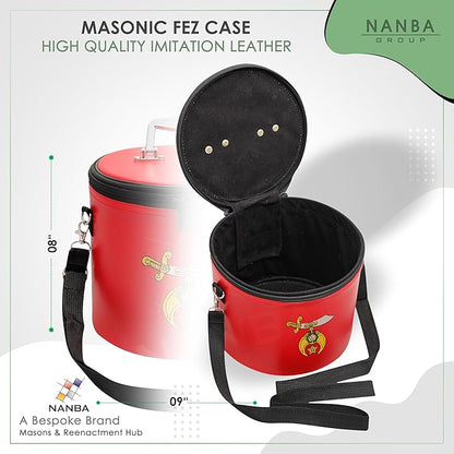 Machine Embroidered Shriner Fez Case – Deluxe Masonic Fez Cap Storage Box with Strap, Imitation Leather Gifts, Display Box for Masonic Fez Hats (Red)