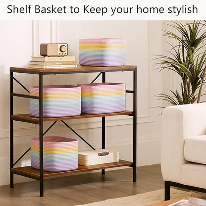 Rainbow Rope Basket for Storage 4 Pack Cotton Rectangular Baskets for Shelves Woven Toy Storage Bins for Nursery Kids in Classroom 12.7"Lx9"Wx7.9"H Pastel Rainbow
