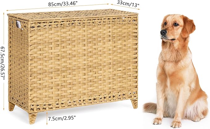 Laundry Hamper with 4 Removable Liner Bags; 176L Handwoven Rattan Laundry Basket with Lid & Heightened Feet; Clothes Hamper with Side Handles
