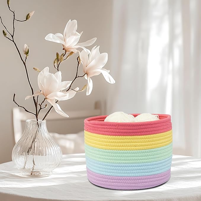 XUANGUO Woven Cotton Rope Storage Baskets - 3-Pack Round Bins for (10x10x7'') Shelves, Closets & Bookcases | Durable Rope Organizers for Nursery, Baby, Gifts, Easter & More (rainbow)