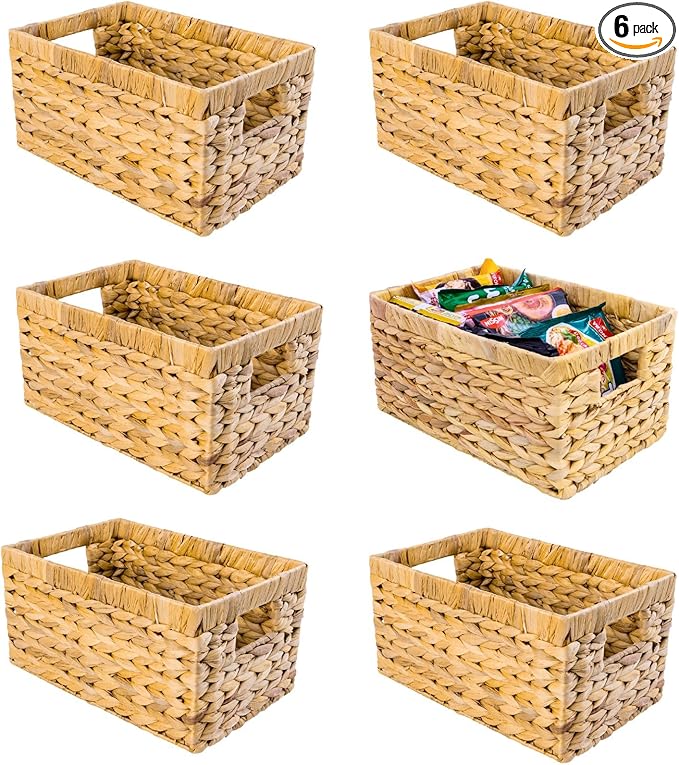 M4DECOR Set of 6 Water Hyacinth Storage Baskets – Wicker Storage Baskets for Shelves, Pantry Baskets for Organizing, Handwoven Wicker Baskets for Storage (6 Packs)