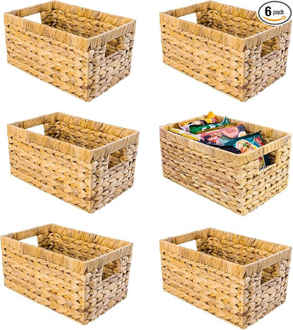 M4DECOR Set of 6 Water Hyacinth Storage Baskets – Wicker Storage Baskets for Shelves, Pantry Baskets for Organizing, Handwoven Wicker Baskets for Storage (6 Packs)
