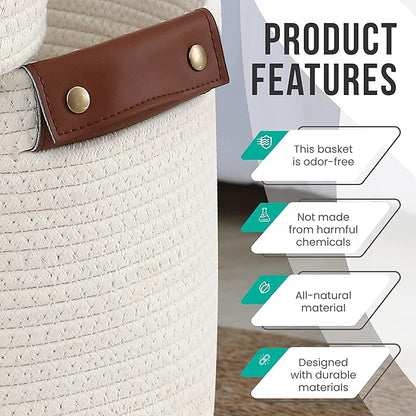 3 Pack Cotton Rope Storage Basket Woven Shelf Storage Bin with Faux Leather Handles, Decorative Closet Shelf Woven Basket for Storage Organizers, 15 x 10 x 9, Cream
