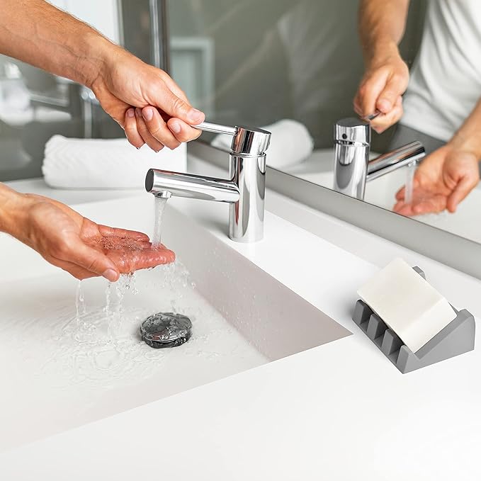Silicone Soap Dish (USA Patented) Self Draining Bar Soap Holder for Shower Bathroom Sink, Drying Soap Dish Tray Kitchen Sponge Holder Easy Cleaning Soap Saver Mat (Light Grey, 2)