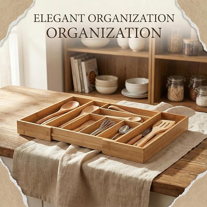 Bamboo Drawer Organizer - Expandable Kitchen Utensil Holder, Adjustable Silverware Drawer Organization, Kitchen Wooden Tray for Cutlery, Flatware & Stationery, 6-8 Slots (Natural)