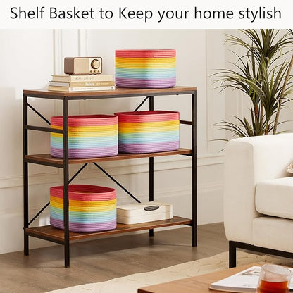 Rainbow Rope Basket for Storage 4 Pack Cotton Rectangular Baskets for Shelves Woven Toy Storage Bins for Nursery Kids in Classroom 12.7"Lx9"Wx7.9"H