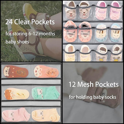 Dual-sided Hanging Baby Shoes Organizer Closet Toddler Shoe Storage Holder for Kids Bow Socks Underwear (GREY)