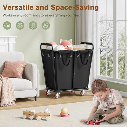 Hoctieon 2 Section Laundry Sorter Cart, 300L Rolling Hamper with Wheels, Industrial Laundry Basket Organizer, Large Dirty Clothes Hamper for Home & Hotel, Heavy Duty, Black
