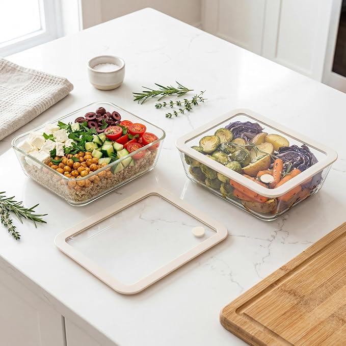 Urban Green Glass Food Container Set with Glass Lid, Large Meal Prep Container Set, Airtight Food Storage Containers with Air Vent Lid, 2 Pack, Large, 87oz, LeakProof, 100% Plastic Free, White color,
