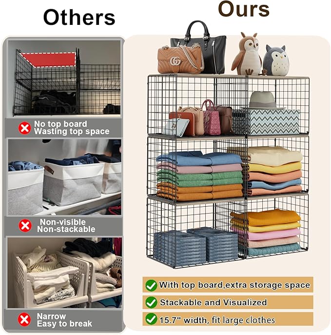 4PCS Wider Closet Organizers and Storage, Stackable Closet Shelf Organizer Storage Bins with Wood Top for Sweaters Jeans, Clothes Organizer Shelves for Wardrobe System Rack, Space-Saving,Sturdy Metal