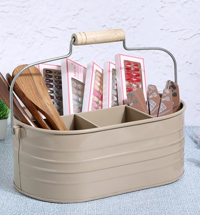 Alpha Living Home Multi-Functional Utensil Silverware Caddy - 4 Compartment Organizer for Kitchen, Party & Office – Durable Beige Powder-Coated Iron Alloy with Wooden Handle