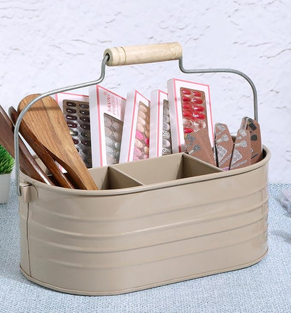 Alpha Living Home Multi-Functional Utensil Silverware Caddy - 4 Compartment Organizer for Kitchen, Party & Office – Durable Beige Powder-Coated Iron Alloy with Wooden Handle