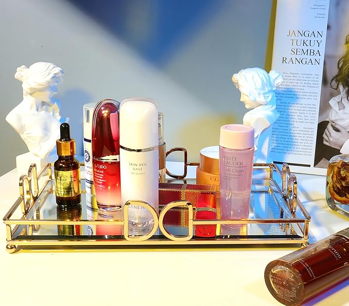 Gold Mirror Tray: Elegant Makeup/Vanity Tray, Luxury Rust-Proof Glass for Bathroom & Bedroom
