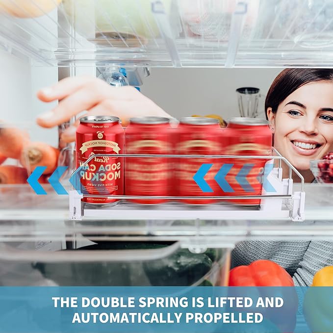 Drink Organizer for Fridge, Upgrade self locking push buttonfor Soda Can Dispenser for Refrigerator, Automatic Pusher Glide and Adjustable Width Can Fridge Organizer Hold up to 12 Cans 3 Rows