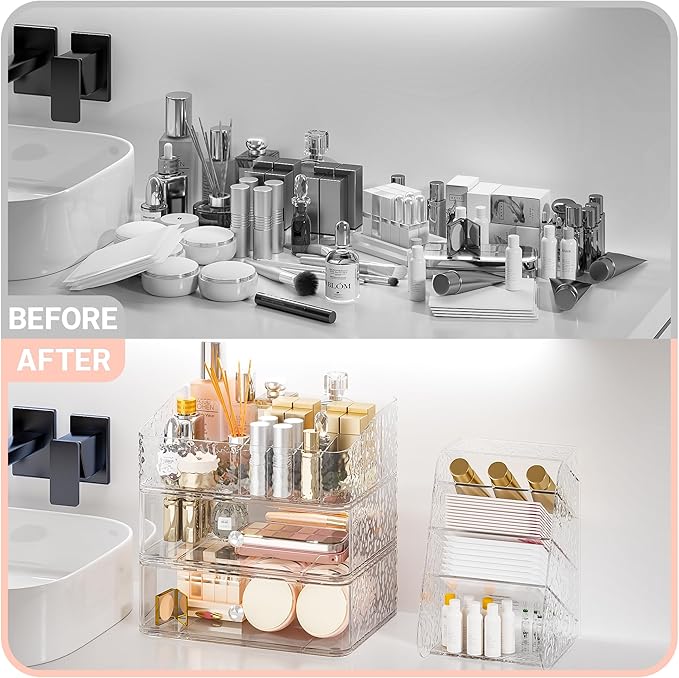 Makeup Organizer with Brush Holder Plastic Makeup Drawers For Vanity Clear Stackable Storage Case Makeup Organizer For Skincare, Brushes, Lipstick, Nail Polishes, Perfumes, Eyeshadow Palettes