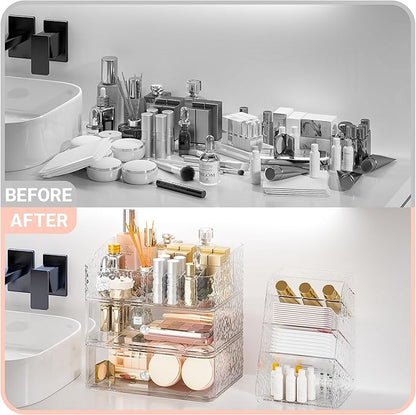 Makeup Organizer with Brush Holder Plastic Makeup Drawers For Vanity Clear Stackable Storage Case Makeup Organizer For Skincare, Brushes, Lipstick, Nail Polishes, Perfumes, Eyeshadow Palettes