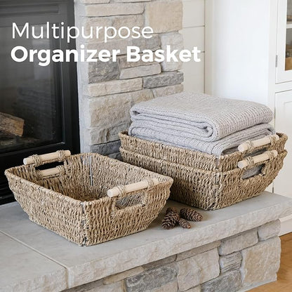 2 Pack Wicker Storage Baskets with Wooden Handles, Large Seagrass Basket for Organizing Shelves, Natural Woven Storage Baskets for Snack, Gift
