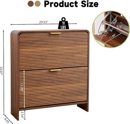 RARZOE Set of 2 Fluted Shoe Storage Cabinets for Entryway, Narrow Curved Shoe Cabinet with 2 Flip Drawers, Wood Hidden Shoe Organizer Closed Shoe Rack Cabinet for Foyer,Hallway (29.5''Walnut)