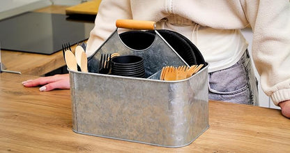 Plexon Metal Utensil Caddy With Handle - Farmhouse Rustic Kitchen Utensil Holder for Party Picnic Table Garden - Tool Cutlery Flatware Silverware Caddy Organizer Storage, Silver