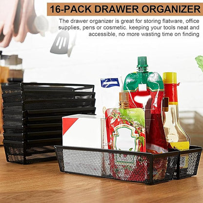 Chumia 16 Pack Silverware Drawer Organizer 9 x 3 x 2 Inch Mesh Utensil Organizer for Kitchen Drawers with Interlocking Arm for Flatware Knives Spoons Fork Cosmetic Utensil Tabletop Storage Tray