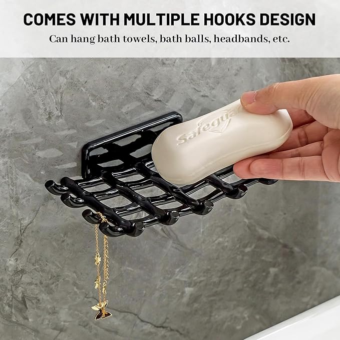 Shower Soap Holder for Wall, Adhesive Bar Soap Dish with Self Draining Grid, Side Hooks and No Drilling Mount, Black, 4 Pack