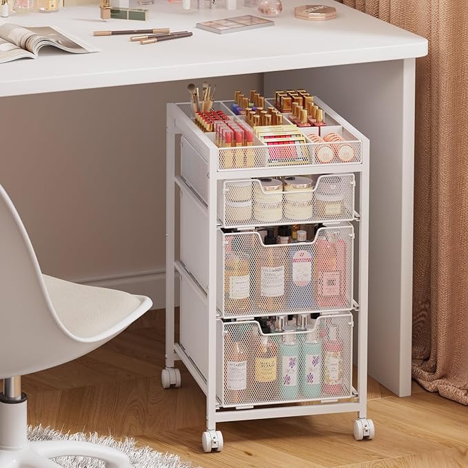 JKsmart Rolling Makeup Cart Organizer with 3 Drawers, Cosmetics Display with Dividers, Floor Skincare Storage with Wheels, Versatile Vanity Organizer for Nail Polish Perfume Brush Hair Tool, White